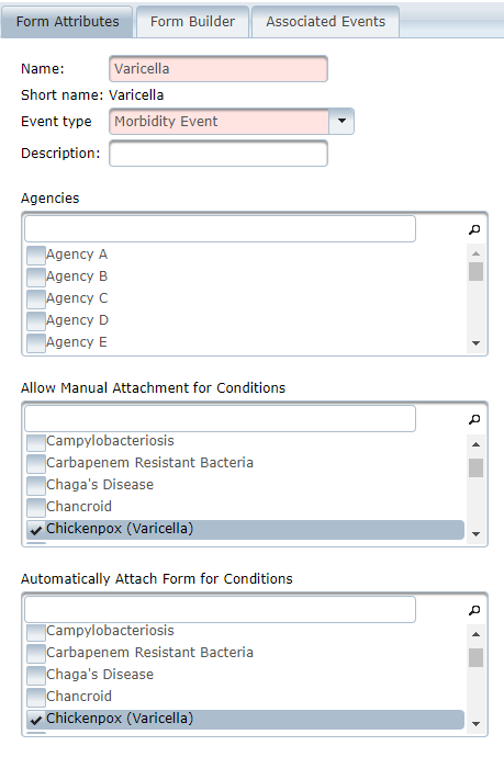 Screenshot of form builder on Form Attributes tab with checkbox lists for Agencies and Conditions