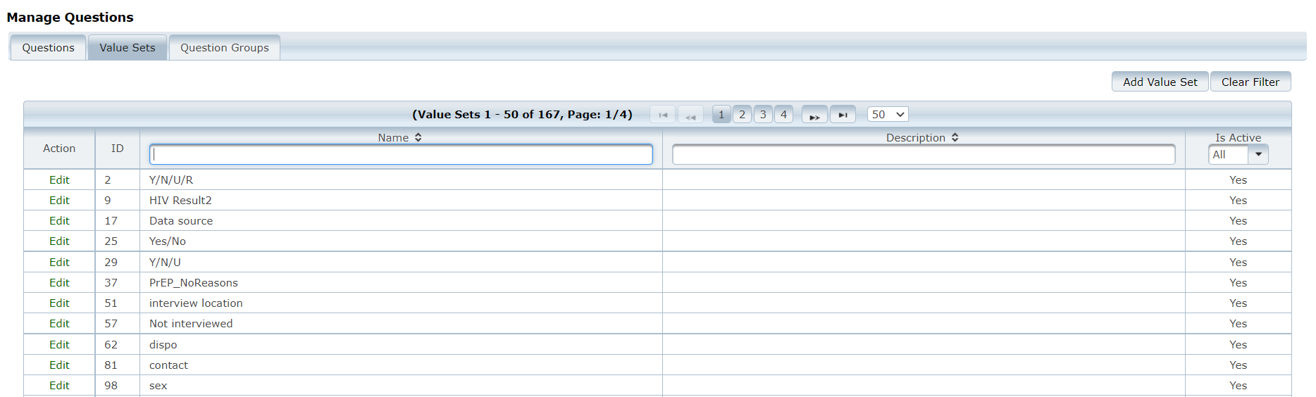 Screenshot of Manage Questions page showing value sets tab and list of values that can be used in form responses
