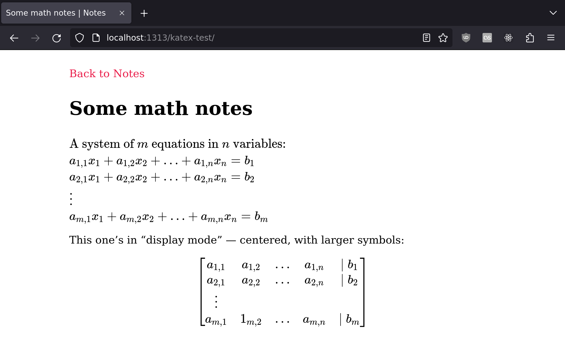 A web browser open to localhost:39333/katex-test/. At the top of the page is pink text (a link) reading “Back to Notes”. Below is a header reading “Some math notes”. Followed by the text of the katex-test.md file. Most of the text is rendered in a math font by KaTeX. The first block is left-justified, while the second is center-justified.