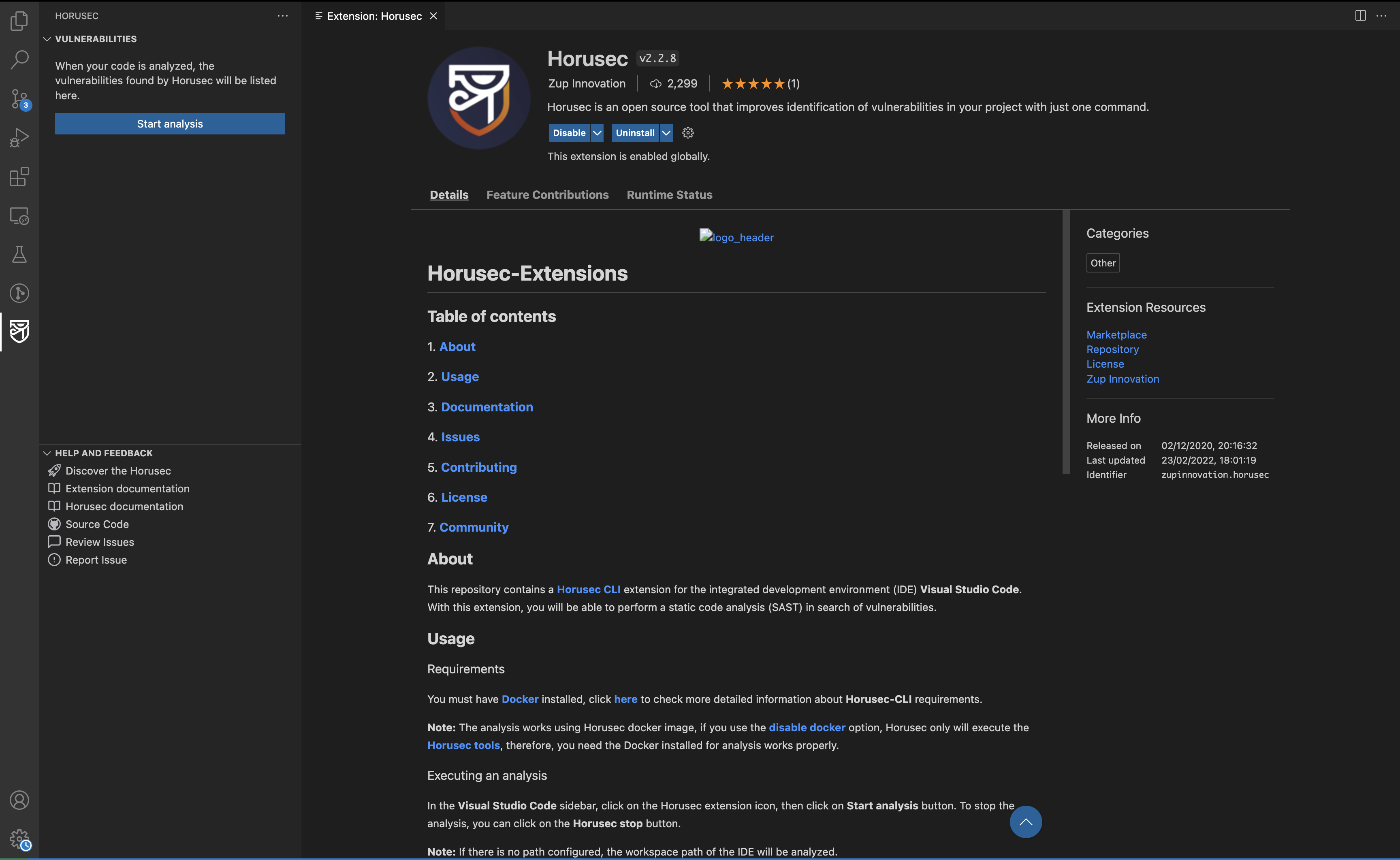 Screenshot of Horusec VS Code extension