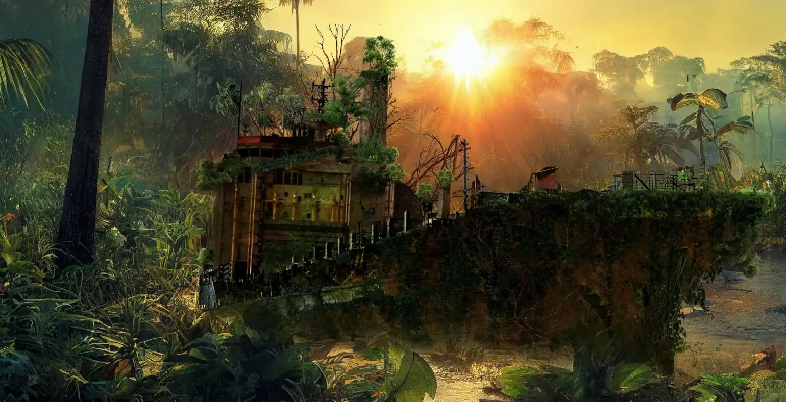 Fantasy painting of a shipwreck in a jungle backlit by sunlight